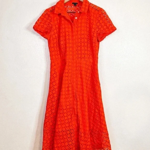 Ann Taylor Floral Eyelet Lace Shirt Dress Orange - Picture 3 of 9